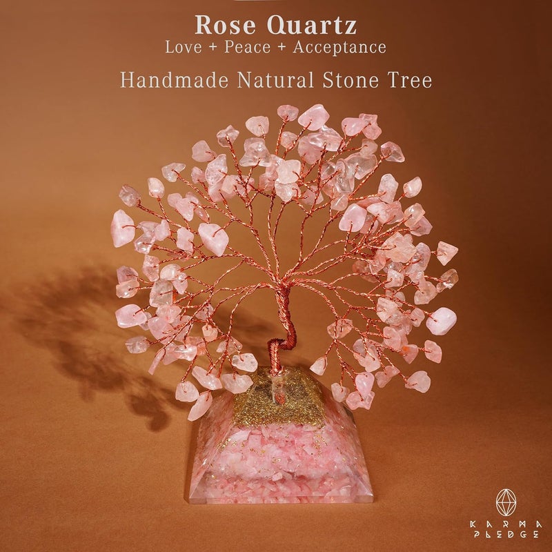KARMAPLEDGE Rose Quartz Crystal Tree Good Luck Birthday Gifts for Womens, Mom, Home and Office Desk Decor, Pyramid Base Reiki Healing Stones & Chakra Tree of Life for Positive Energy, Money, Sucess - Image 2